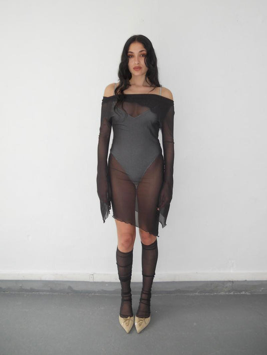 Flore de Sermet Asymmetric Short Dress in Dark Grey