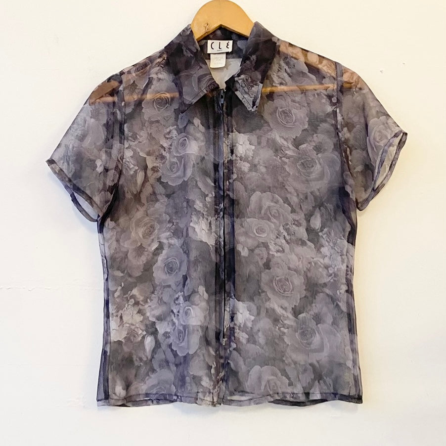 90s CLE Paris Sheer Floral Zip Top (M)