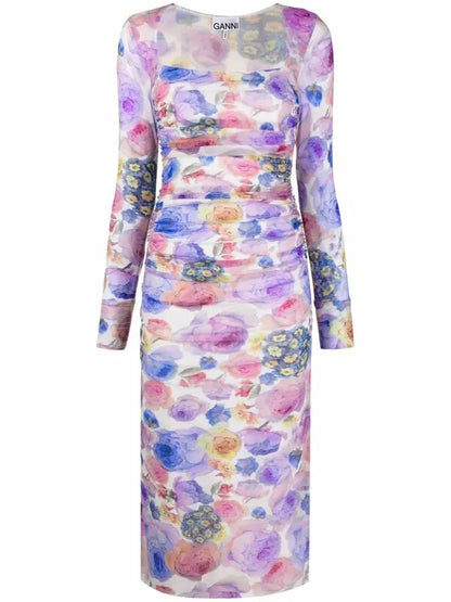Ganni Ruched Micro Mesh Dres (S)