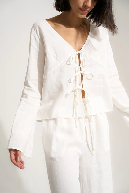 Be Idle The Linen Tie Front Top in White