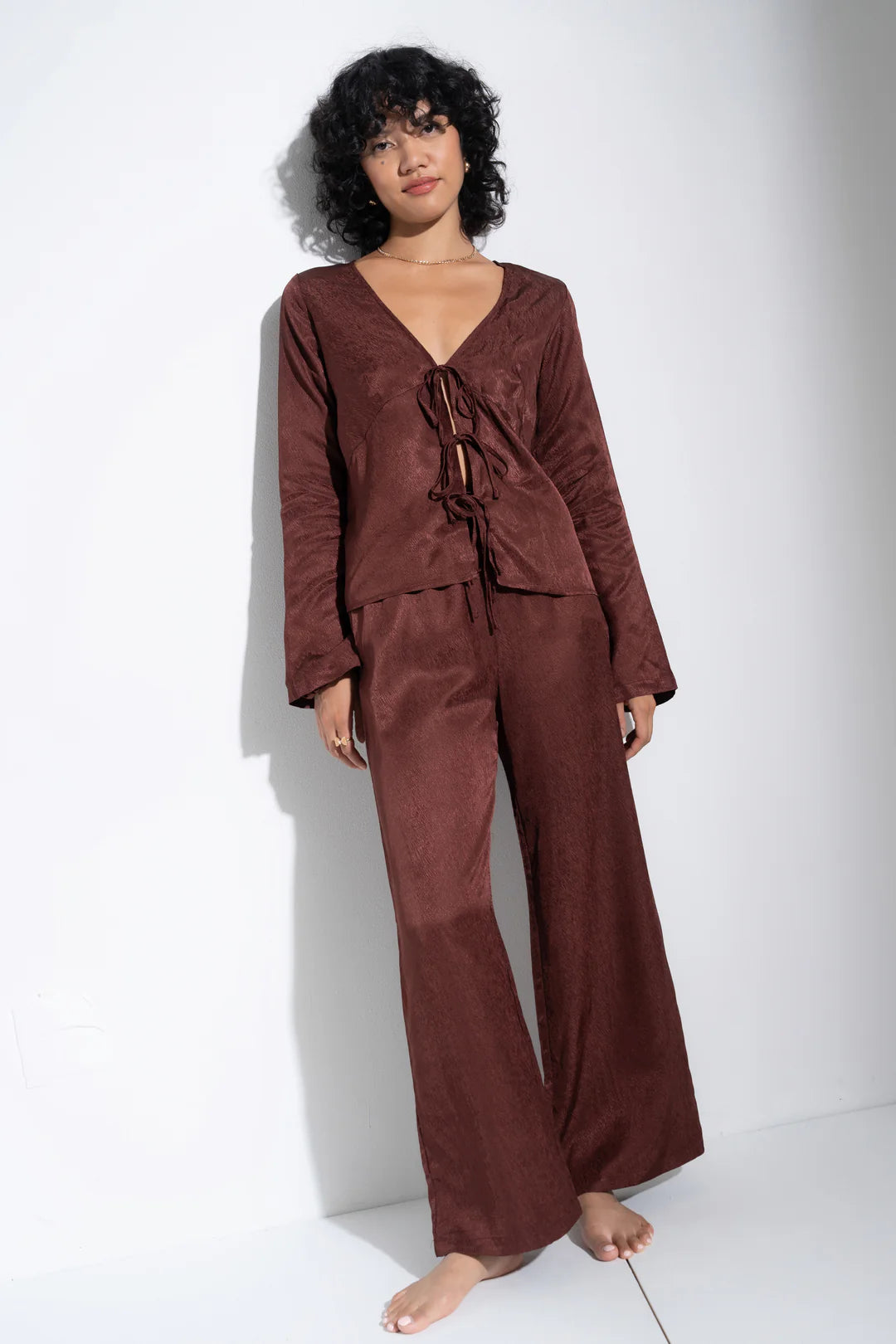 Be Idle Tie Front Top in Brown